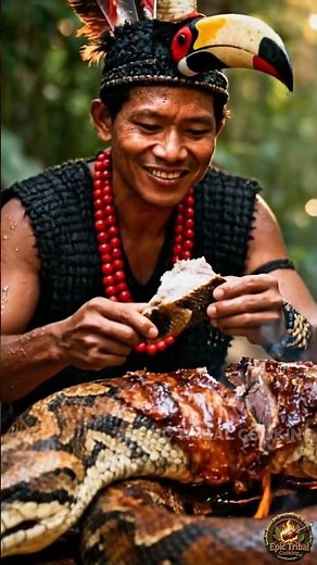 Wow! Tasty WHOLE Giant Python BBQ – Primitive Feast 🌴🔥 #Shorts #EpicTribalCooking