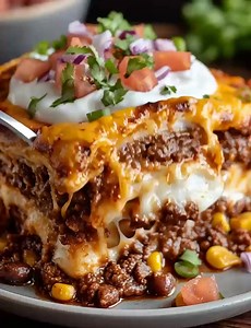 Cheesy Taco Lasagna Bake A mouthwatering Cheesy Taco Lasagna Bake that blends the best of tacos and lasagna into one satisfying, family-friendly meal. Ingredients 1 lb (450 g) ground beef (or ground turkey) 1 packet taco seasoning (or homemade blend: 1 tbsp chili powder, 1 tsp cumin, 1 tsp paprika, ½ tsp garlic powder, ½ tsp onion powder, ½ tsp oregano, salt & pepper) 1 cup canned black beans, drained and rinsed 1 cup corn kernels (fresh, frozen, or canned & drained) 2 cups salsa (or enchilada s