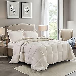 HIG Pre Washed Down Alternative Comforter Set Queen - Reversible Chic Quilt Design - Box Stitched with 4 Corner Tabs - Lightweight for All Season - Camel Duvet Comforter with 2 Pillow Shams