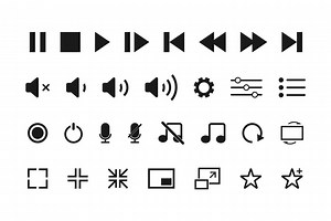 Media player icons set. Video and audio controller buttons. Music and multimedia navigation collection. Microphone icon with volume sign. Equalizer tool with play and stop