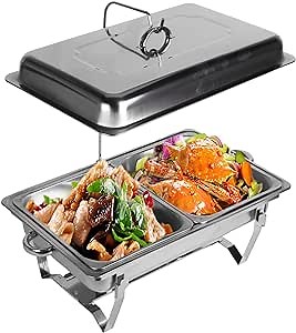 mopam Chafing Dish Buffet Set 11 Quart Stainless Steel Chafing Dishes Chafer and Buffet Warmer Set with 2 Half Size Food Pans and Folding Frame Catering Chafer Set for Party Wedding