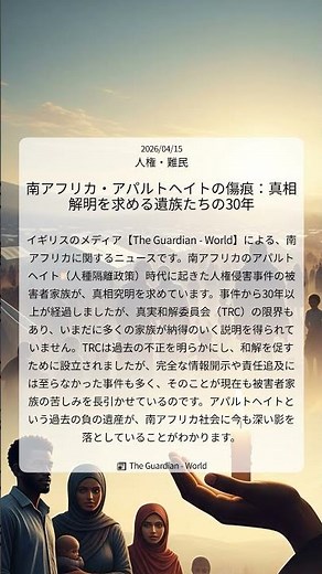 南アフリカ・アパルトヘイトの傷痕：真相解明を求める遺族たちの30年｜The Guardian - World｜2026/04/15｜人権・難民