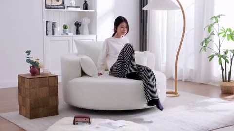 360° Oversized Swivel Barrel Chair, Oversized Chenille Upholstered Reading Lounger, Accent Round Sofa Chair with 5 Throw Pillows and Thicked Cushions for Living Room, Bedroom, Office and Hotel (Beige)