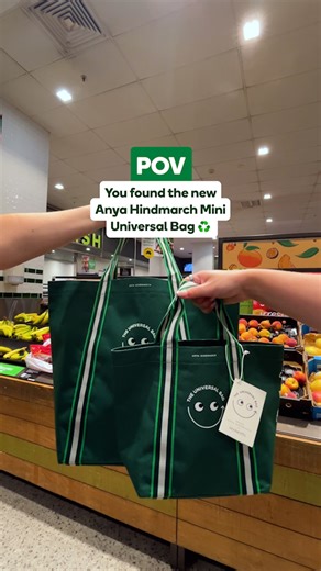 Woolworths on Instagram: "Sustainable fashion, but make it mini. ✨ The new Woolworths x Anya Hindmarch Mini Universal Bag is 100% recycled and ready for anything. ♻️ It might be mini, but it fits a lot! Grab yours in store while they last. Which one is going home with you? 💚🖤 #AnyaHindmarch #UniversalBag #MiniBag #SustainableTote #Woolworths"