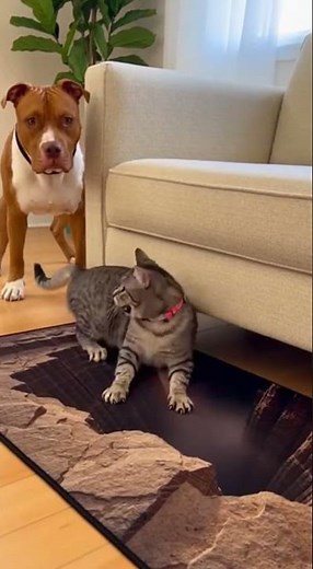 Dog Pushes Cat Onto 3D Cliff Rug, Cat Panics Instantly #viral #cat #crazz