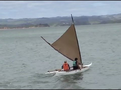Ulua outrigger sailing canoe training at Kawhia, New Zealand