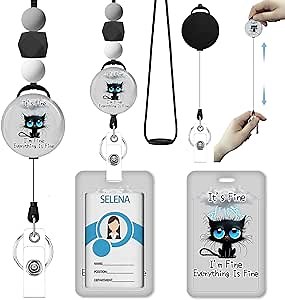 Black Cat Retractable Lanyards for Id Badges, Cool Neck Lanyard for Men and Women, ID Badge Holder with Silicone Beaded Lanyard Badge Retractable Clip, Funny Lanyard with ID Holder Retractable