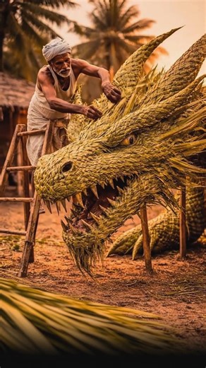 Old Man Builds Giant Dragon 🐲 From Palm Leaves#Shorts #Viral #Trending