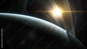 Spaceship flies over the atmosphere of the planet Saturn, the sun shines through the rings. Planet Saturn is a huge planet of the solar system with beautiful rings. Asteroid field near the planet
