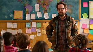 A man wearing a plaid jacket stands in front of a classroom, speaking to a group of students