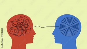 Video animation with two human heads with messy complicated line and orderly round element. Concept of solving problem, situation, chaos and mess, psychotherapy Stock Video