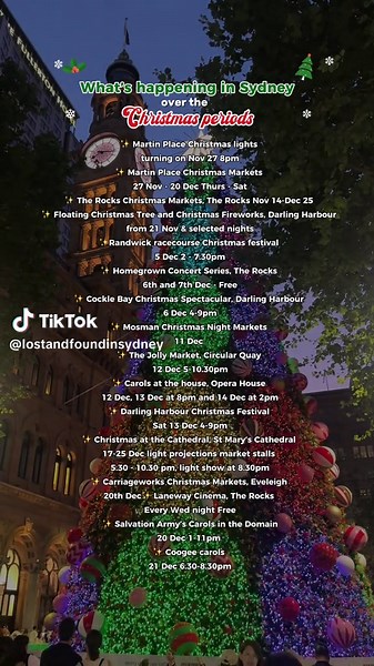 What’s happening in Sydney over the Christmas Period 🎄🎅🏻 ✨ Martin Place Christmas lights turning on Nov 27 8pm ✨ Martin Place Christmas Markets 27 Nov - 20 Dec Thurs - Sat ✨ The Rocks Christmas Markets, The Rocks Nov 14-Dec 25 ✨ Floating Christmas Tree and Christmas Fireworks, Darling Harbour from 21 Nov & selected nights ✨Randwick racecourse Christmas festival 5 Dec 2 - 7.30pm ✨ Homegrown Concert Series, The Rocks 6th and 7th Dec - Free ✨ Cockle Bay Christmas Spectacular, Darling Harbour 6 D