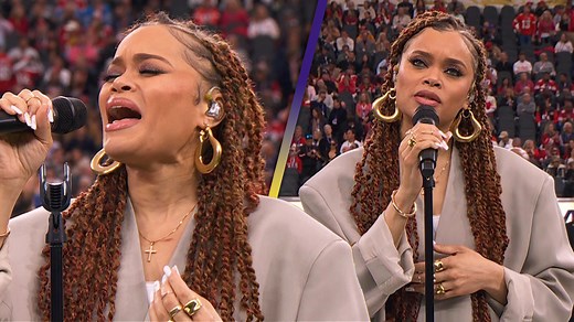 Andra Day performs the Black National Anthem, 'Lift Every Voice and Sing,' moments before the Kansas City Chiefs face off against the San Francisco 49ers in Las Vegas for Super Bowl LVIII. | Entertainment Tonight