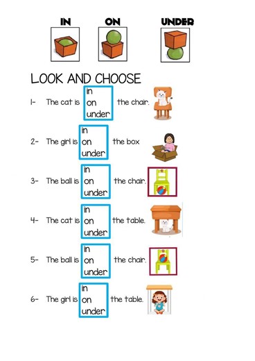 In on under English as a Second Language (ESL) worksheet