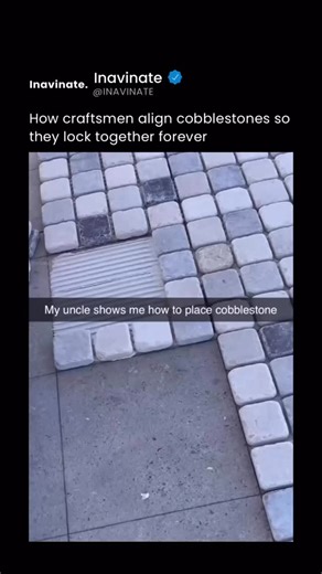 Inavinate on Instagram: "Craftsmen don’t align cobblestones by eye alone — they rely on physics, geometry, and centuries-old technique to make the stones lock together for decades. The process starts with a carefully prepared base: compacted gravel and sand that allows slight movement without collapse. Each stone is then placed by hand and tapped into position with a mallet, not randomly, but at precise angles. Irregular shapes are intentional — when stones are set tightly side-by-side, their un