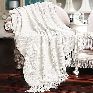 Home Soft Things White Throw Blanket Knitted Tweed Throw 60'' x 80'', Antique White, Super Soft Cozy Warm Comfortable Breathable Throw for Living Room Chair Couch Bed Sofa Bedroom Home Décor