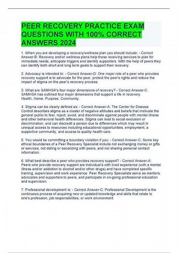 PEER RECOVERY PRACTICE EXAM QUESTIONS WITH 100% CORRECT ANSWERS 2024
