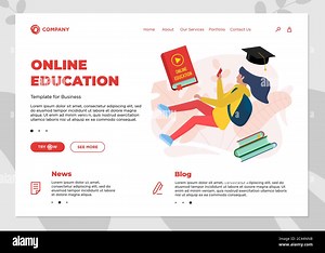 Online education course landing page template. E-learning website mockup with student teenager female and play video sign on cover book. Remote learning and internet studying knowledge webinar concept Stock Vector Image & Art - Alamy