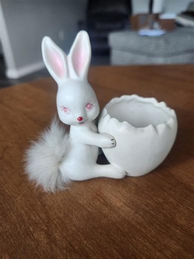 Vintage MCM Napco Ceramic Easter Bunny Rabbit Fur Tail Cracked Egg Vase Succulent Vanity Dresser Planter Japan Anthropomorphic Napcoware