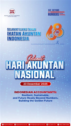 IAI Jatim | Pelatihan Brevet Pajak & Akuntansi No. 1 on Instagram: "✨ Selamat Hari Akuntan Nasional dan HUT ke-68 Ikatan Akuntan Indonesia (IAI)! Hari ini, kita merayakan profesi akuntansi dan menghormati para akuntan yang telah berdedikasi menjaga integritas tata kelola keuangan bangsa. Selamat ulang tahun ke-68 untuk IAI yang telah menjadi pilar penting dalam pengembangan akuntansi di Indonesia. Semoga IAI terus menjadi inspirasi, mendorong inovasi, dan menjaga profesionalisme para akuntan di 