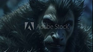 Full moon transforms into a creepy werewolf looking at the camera, morphing. Mythical creature man-wolf