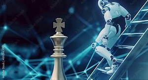 white glowing humanoid robot climbing down ladder with golden king piece chess board, chess teams, with connect innovation and futuristic blue triangle network lines