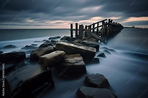 Moody Seascape with Rocky Shore and Wooden Pier, Atmospheric video of waves crashing against a rocky shore, featuring an old wooden pier extending into the misty ocean under a dramatic sky.
