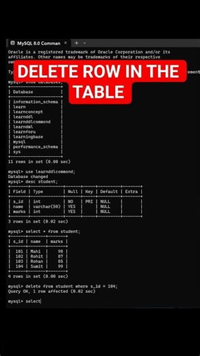 Delete Row in the Table #sql #database #shorts