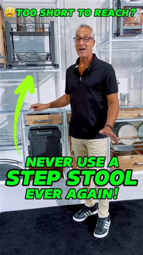 Too Short to Reach? Your Kitchen Needs This. Kitchen Design Innovation! Now You Can Reach Everything! This kitchen cabinet pulldown shelf comes in two sizes and even comes with a solid bottom shelf. Now reaching those upper cabinets is much easier and everything pulls down right to where you want it if you want more information join the conversation and comment SHELVING and I’ll Sent it to You! #reels #kitchen #kitchendesign #design #gadgets @revashelf | Interior Trend Inc.