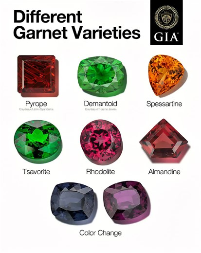 Garnets are a family of closely related minerals and they come in almost every color imaginable due to differences in their chemical makeup. Many garnets are actually blends of species—nature’s way of mixing a custom palette. Here are some of the best-known varieties across the color spectrum: - Pyrope: Often occurring pink to purple-pink (and sometimes red), pyrope can often have a brighter, though less saturated color. - Demantoid: A bright green garnet prized for its rainbow-like fire and fam