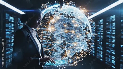 Abstract cinematic technology background featuring futuristic internet global network connection with glowing digital data link and cyber fiber communication in high definition slow motion video