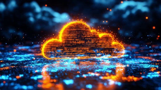 Glowing data in cloud tech. A glowing cloud of binary code reflects on a dark surface, showcasing digital tech and innovation. | Premium Stock Video Footage
