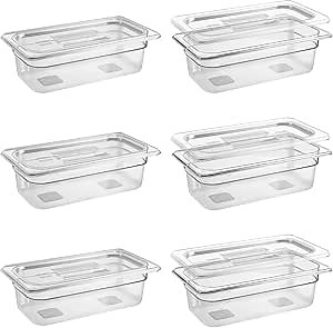 6 Pack 1/3 Size 4'' Deep Clear Food Pans with Lids, Commercial Food Pans Polycarbonate Transparent Food Storage Containers, Stackable Plastic Pan with Capacity Scale, Restaurant Supplies Hotel Pan