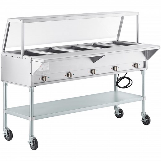 ServIt Five Pan Open Well Electric Steam Table with Angled Sneeze Guard and Casters - 208/240V, 3750W