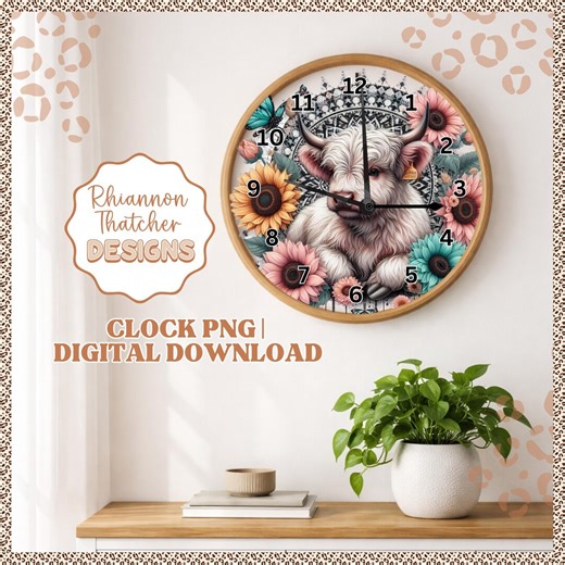 Clock Design Png, Highland Cow, Clock Sublimation, Boho Image , Pastel Clock, Clock Designs, Dream Catcher, Personalised Clock Png - Etsy