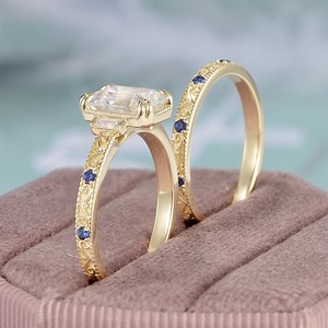 Vintage Emerald Cut Engagement Ring Set Three Stone Ring Engraved Ring Set Gold Art Deco Ring Milgrain Filigree Ring Custom Birthstone Ring - Etsy