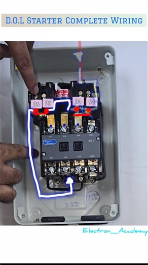 electron academy on Instagram: "Mastering the Basics: DOL Starter Wiring Here is the breakdown of what’s happening in this circuit: 🔴 The Power Circuit: Connects the 3-phase supply directly to the motor via the contactor and overload relay. 🔵 The Control Circuit: The "brain" of the operation. It uses a Stop Push Button (NC), Start Push Button (NO), and an Auxiliary Contact (NO) for the crucial Latching/Holding circuit. Without that holding contact, the motor stops as soon as you lift your fing