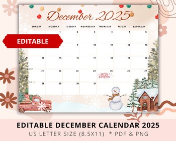 Editable December Calendar 2025, Teacher Calendar, Christmas 2025 Calendar