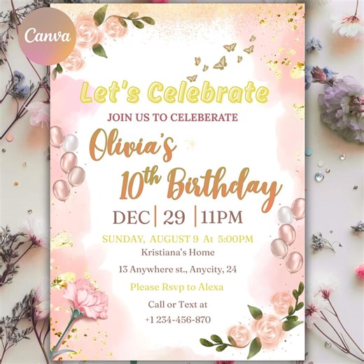 Pink Glitter Birthday Dinner Invitation, Women's Party (PDF File) - Etsy