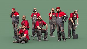 Bald Worker in Overalls and Red T-shirt - 3D model by kanistra