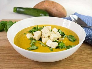 Sweet potato and courgette soup with ginger and basil