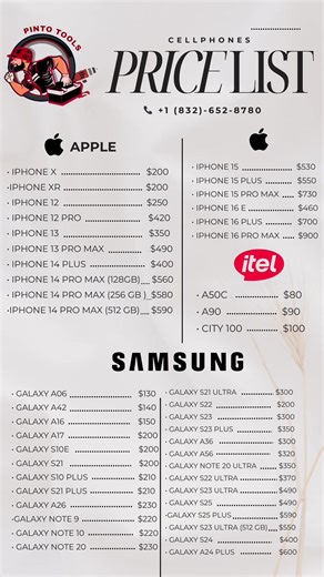 📱 ¡EL TELÉFONO QUE ESTÁS BUSCANDO ESTÁ AQUÍ! ✅ Modelos nuevos y originales ✅ Diferentes marcas y precios ✅ Garantía y atención personalizada 🚀 Renueva tu celular hoy y mantente siempre conectado. Visítanos y encuentra el teléfono perfecto para ti. 🔥💥PINTO TOOLS LLC💥🔥 📍1919 WIRT RD STE B HOUSTON, TX 77055 📍 📲📞832-652-8780📞📲 📆🕥Lunes a Viernes (8AM - 8PM) 📆🕕Sábado (9AM - 8PM) 📆🕥Domingo (9AM -6PM) 📦✈️Envios a todo Estados Unidos✈️📦 🔥💲Efectivo TAXES 🔥💲Tarjeta TAXES 🔥💲Zelle T