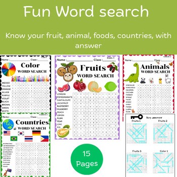 WordSearch Fruit, Animal, foods, countries (Greads2-6).
