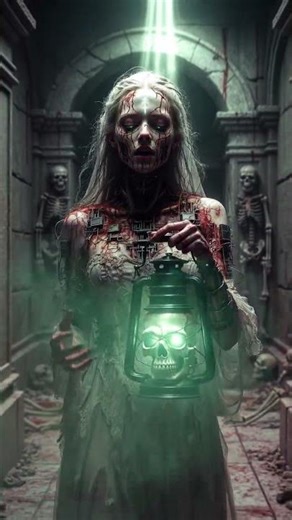 Bloody Zombie Bride with Glowing Green Eyes & Skull Lantern in Crypt 😱 | Dark AI Horror