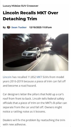 Lincoln Recalls MKT Over Detaching Trim