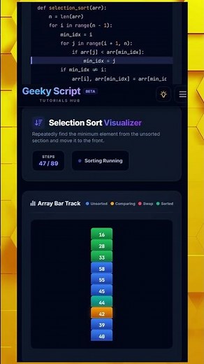 Selection Sort Simulation on geekyscript.com Computer Science Visualizer Lab #coding #dsa #algorithm