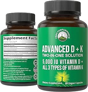 Peak Performance Advanced Vitamin D 5000 IU with All 3 Types of Vitamin K Vitamin D3 and Vitamin K2, K1, MK-7 (MK7), MK4 Supplement. 60 Small and Easy to Swallow Vegetable Pills (5000 IU)