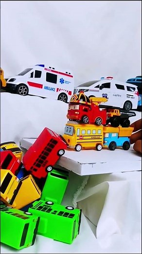 Stack of toy cars: Tayo the little bus, fire truck, cartoon, ambulance #shorts #toycar #toysforkids