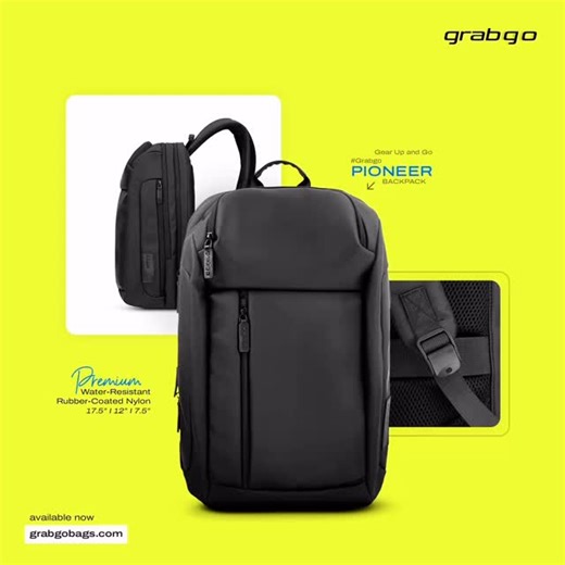 Water-resistant. Lightweight. Purpose-built. Introducing the Pioneer Backpack — crafted for those who move smarter. Shop now at grabgobags.com | Grabgo