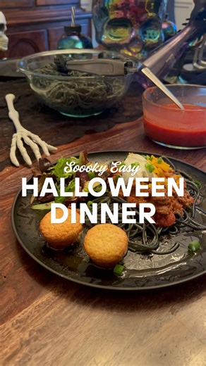 Need an easy but spooky Halloween dinner idea for your party or Halloween night? This entire Halloween meal can be prepped ahead of time or made in the time it takes to boil noodles - perfect for busy families before trick-or-treating! Appetizers: – Skull Caprese Skewers (see previous reel for how-to!) – Witch’s Hand Board – made from cheese logs, Boursin, and cheese sticks wrapped in prosciutto. Drizzle with balsamic glaze for a creepy touch. – Vegetable Fingers – carrot, celery, and pepper nai